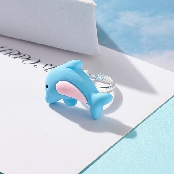 

PandaHall Resin 3D Dolphin Adjustable Rings, Animal Brass Finger Ring for Women, Light Sky Blue, US Size 4 3/4(15.4mm) Resin
