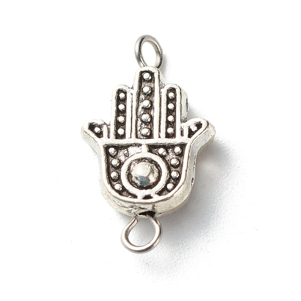 PandaHall Tibetan Style Alloy Hamsa Hand Beads Links Connectors, with 304 Stainless Steel Eye Pin, Antique Silver, 18x10x4mm, Hole: 1.6mm...