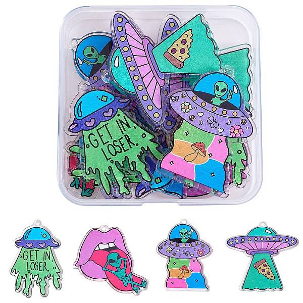 16Pcs 4 Style Alien Theme Colorful Acrylic Pendants