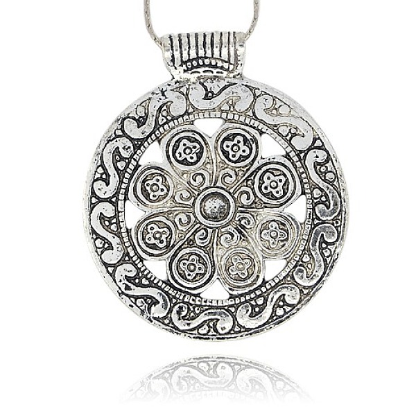 

PandaHall Vintage Tibetan Style Alloy Flat Round with Flower Large Pendants, Antique Silver, 71x61x1mm, Hole: 4mm Alloy Flat Round