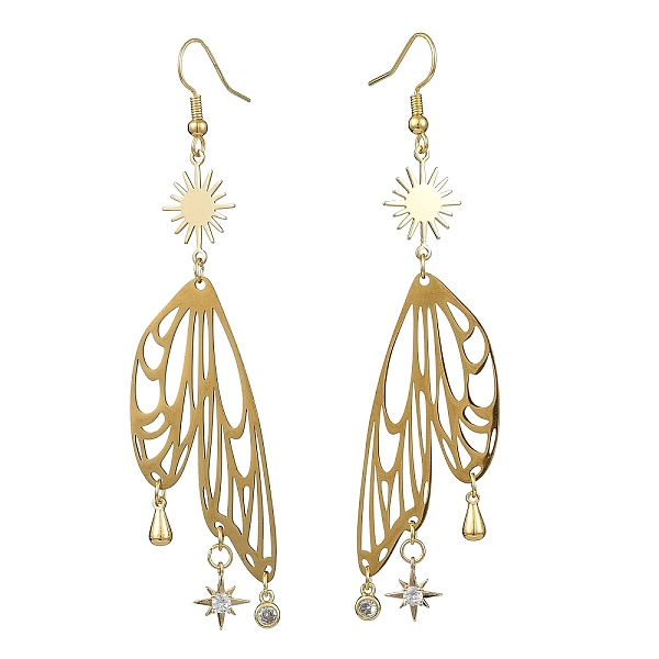 

PandaHall Sun & Butterfly Brass Chandelier Earrings, Cubic Zirconia Long Drop Earrings, Golden, 91x20mm Cubic Zirconia Butterfly