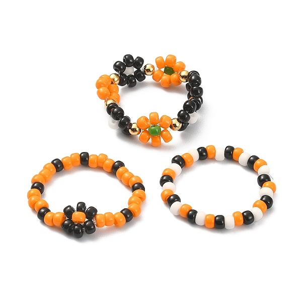 3 Stück 3-teiliges Stretch-Ring-Set Mit Glassamenperlen Und Blumen Für Halloween