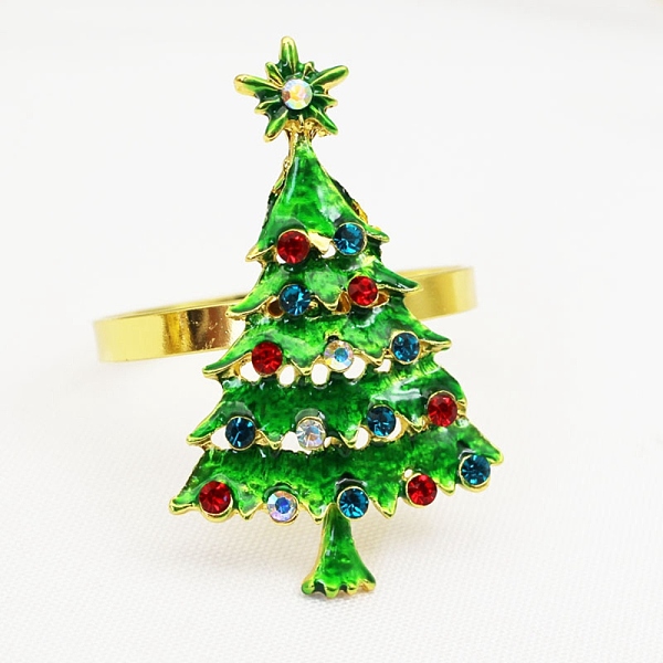 

PandaHall Christmas Tree Alloy Napkin Rings, with Colorful Rhinestone, Napkin Holder Adornment, Restaurant Daily Accessiroes, Golden..., Green