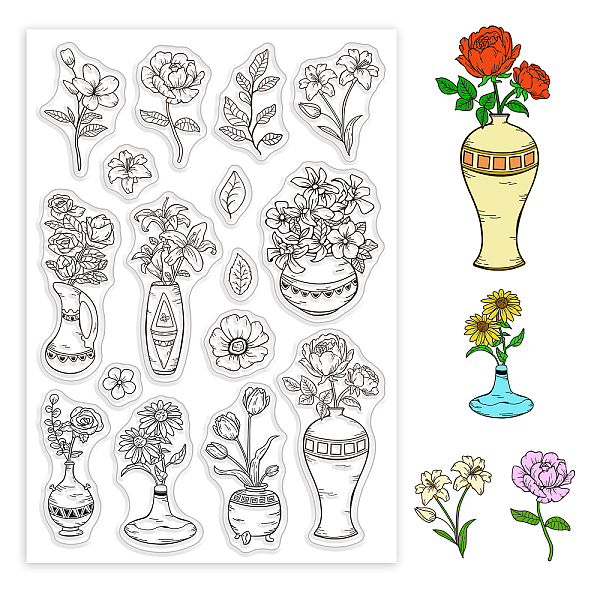 PandaHall GLOBLELAND Vintage Flower Vase Clear Stamps Leaves Flower Branches Silicone Clear Stamp Plant Theme Seals for DIY Scrapbooking...
