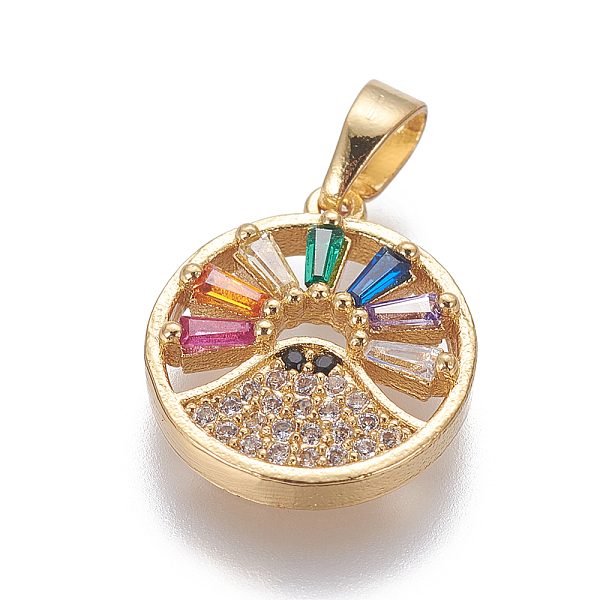 

PandaHall Brass Cubic Zirconia Charms, Flat Round, Colorful, Golden, 15x13x3mm, Hole: 4x3mm Brass+Cubic Zirconia Flat Round