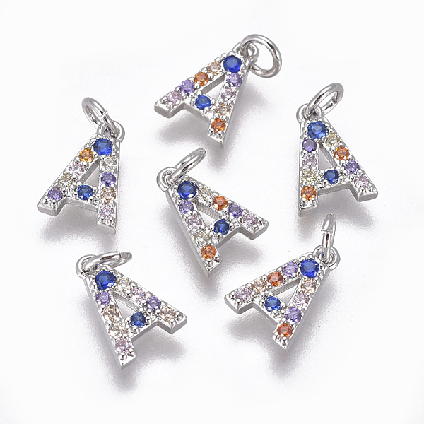 

PandaHall Brass Micro Pave Cubic Zirconia Charms, Letter, Colorful, Platinum, Letter.A, 9x6x1.7mm, Hole: 2mm Brass+Cubic Zirconia Letter A