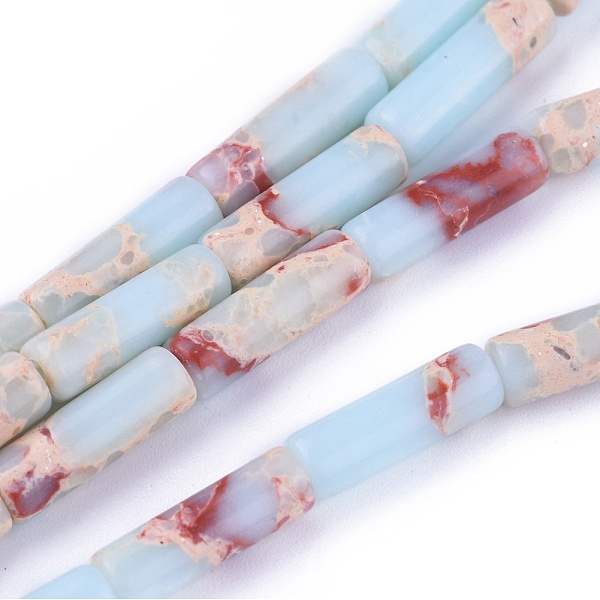 

PandaHall Synthetic Imperial Jasper Beads Strands, Dyed, Column, Light Blue, 13~15x4.5mm, Hole: 1mm, about 28~29pcs/strand, 14.96 inch~15.5...