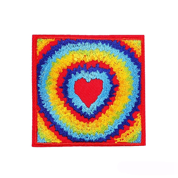 

PandaHall Appliques, Embroidery Iron on Cloth Patches, Sewing Craft Decoration, Square with Rainbow & Heart, 70x70mm Fibre Square
