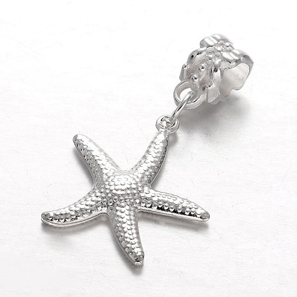 PandaHall Alloy European Dangle Charms, Large Hole Starfish/Sea Stars Beads, Silver Color Plated, 35mm, Hole: 5mm Alloy Starfish