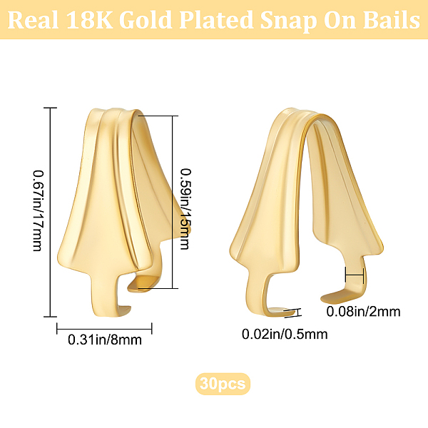 

PandaHall Beebeecraft 30Pcs 304 Stainless Steel Snap on Bails, Real 18K Gold Plated, 17x8mm 304 Stainless Steel