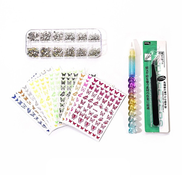 PandaHall Nail Art Tool Kits, with Plastic Nail Art Rhinestones Pickers Pen, Glass Rhinestone, Stainless Steel Beading Tweezers, Nail Art...