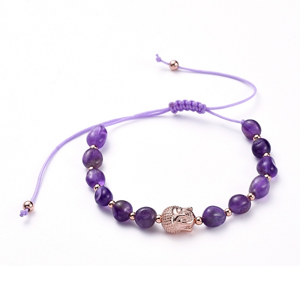 

PandaHall Adjustable Nylon Thread Braided Bead Bracelets, with Natural Amethyst Beads and Brass Beads, Buddha Head, Inner Diameter: 1-3/4...
