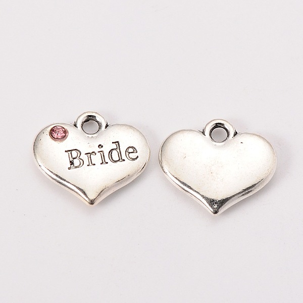 

PandaHall Wedding Theme Antique Silver Tone Tibetan Style Heart with Bride Rhinestone Charms, Light Rose, 14x16x3mm, Hole: 2mm..., Pink