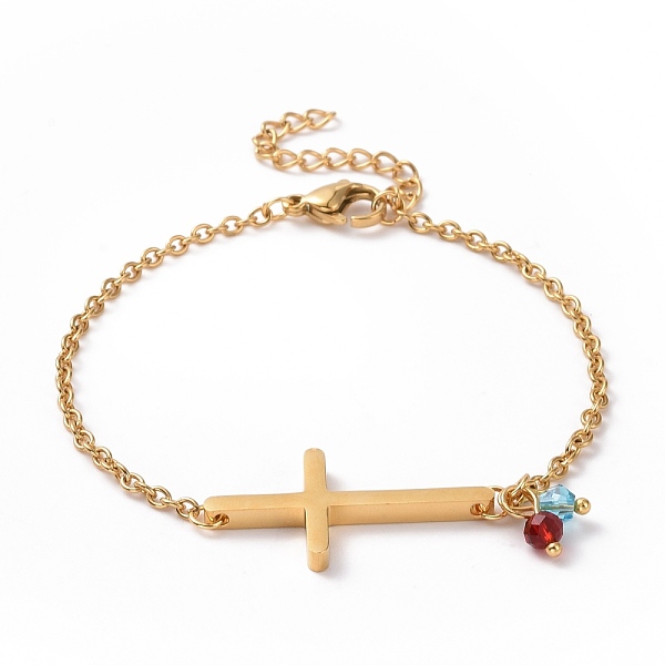 

PandaHall Ion Plating(IP) 304 Stainless Steel Cross Link Bracelet with Glass Beads Charms for Women, Golden, 6-7/8 inch(17.5cm) 304...