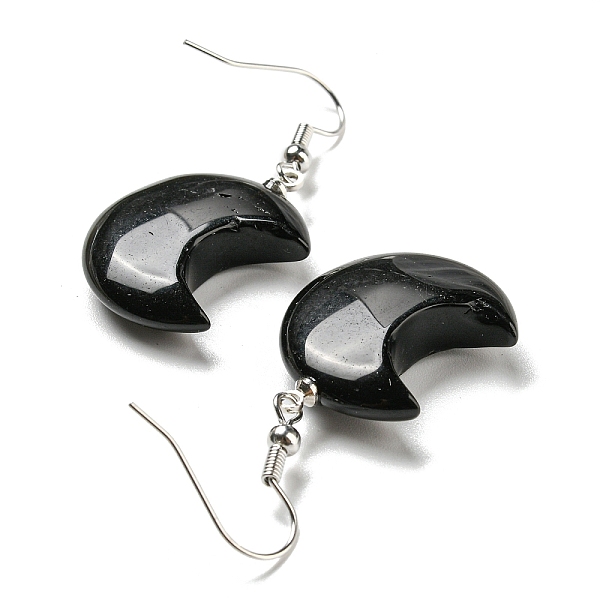 Natural Obsidian Crescent Moon Dangle Earrings