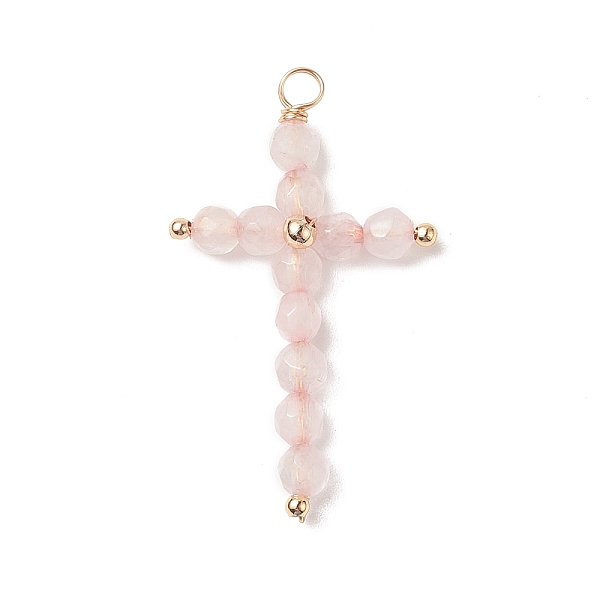 

PandaHall Natural Rose Quartz Faceted Round Copper Wire Wrapped Pendants, Cross Charms, Light Gold, 38x23x5mm, Hole: 2.5mm Rose Quartz Cross