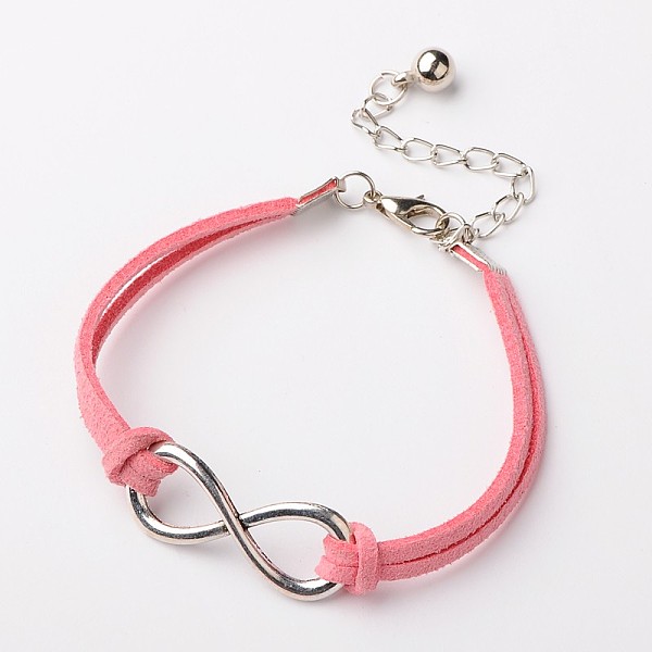 

PandaHall Tibetan Style Alloy Infinity Link Bracelets, Faux Suede Cord with Alloy Lobster Claw Clasps and Iron Chains, Platinum and Antique..., Pink