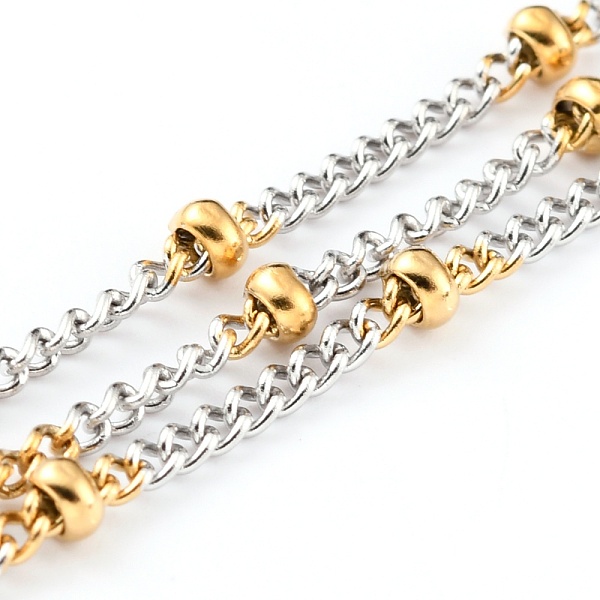 

PandaHall Two Tone 304 Stainless Steel Curb Chains, Soldered, with Spool and Round Beads, Golden & Stainless Steel Color, 2x2x1mm, 32.8 Feet...