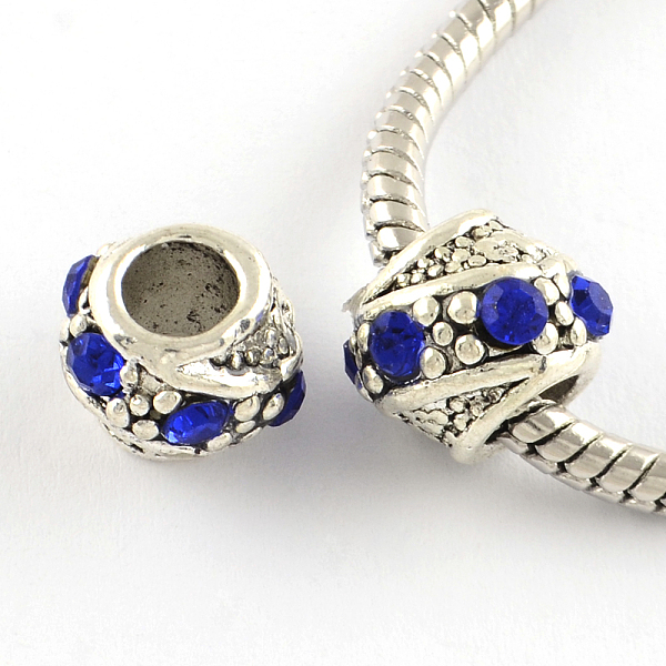 

PandaHall Barrel Antique Silver Plated Metal Alloy Rhinestone European Beads, Large Hole Beads, Sapphire, 10~11x9mm, Hole: 5mm..., Blue