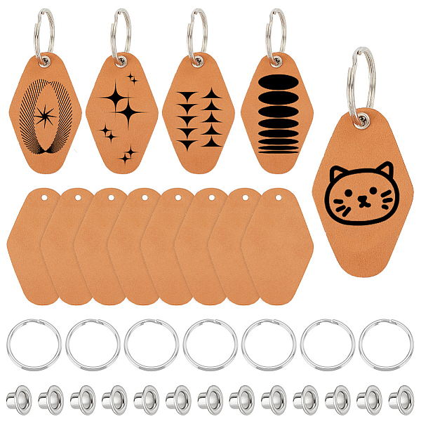 PandaHall Olycraft 16 Set Leather Clothing Blank Labels, with Rivets, 16Pcs Iron Split Key Ring, for DIY Keychain Making, Blanched Almond...