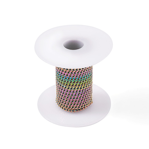 

PandaHall Vacuum Plating 304 Stainless Steel Twisted Chains, Curb Chains, Unwelded, with Spool, Rainbow Color, 4x3x1mm, 5m/roll 304...