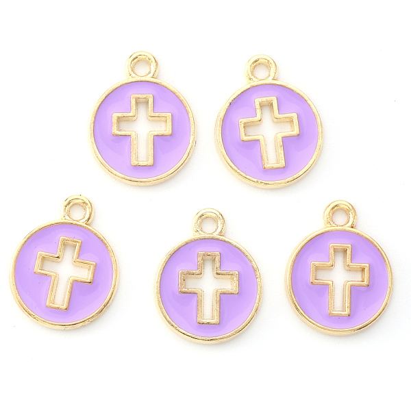 

PandaHall Light Gold Plated Alloy Enamel Pendants, Flat Round with Cross, Orchid, 15x12x1.5mm, Hole: 1.6mm Alloy+Enamel Flat Round Purple