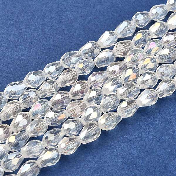

PandaHall Electroplate Glass Faceted teardrop, Beads Strands, AB Color Plated, Clear AB, 7x5mm, about 65~67pcs/strand, 18~18.5 inch..., White
