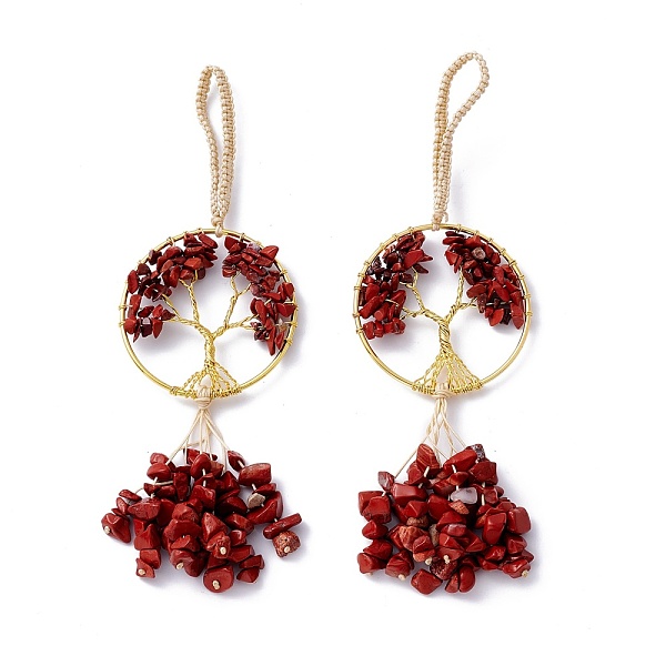 

PandaHall Wire Wrapped Chips Natural Red Jasper Big Pendant Decorations, with Brass Wires and Nylon Cord, Flat Round with Tree of Life...