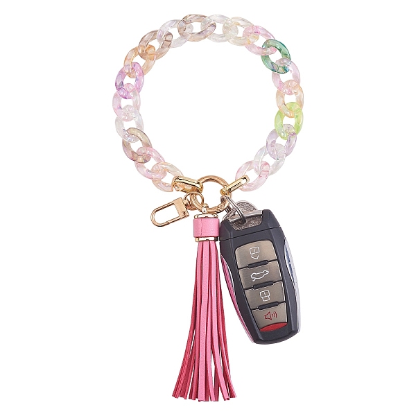 

PandaHall Chain Link Wristlet Keychain, Acrylic Bracelet Tassel Keychain, with Alloy Findings, Pink, 28cm Acrylic Others Pink