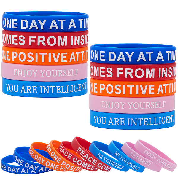 

PandaHall Gorgecraft 30Pcs 5 Color Word Silicone Cord Bracelets Set Wristband, Mixed Color, Inner Diameter: 2-3/4 inch(7.1cm), 6Pcs/color..., Multicolor