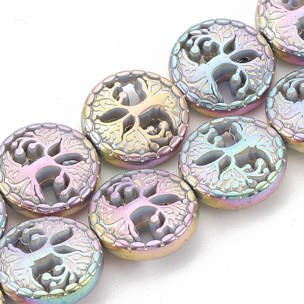 

PandaHall Electroplate Non-magnetic Synthetic Hematite Beads Strands, Flat Round with Tree of Life, Multi-color Plated, 12~12.5x4~4.5mm...