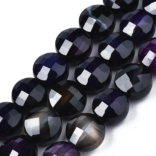 PandaHall Natural Agate Beads Strands, Dyed, Faceted, Flat Round, Midnight Blue, 9.5~10.5x9.5~10.5x6~8mm, Hole: 0.7~1.2mm, about...