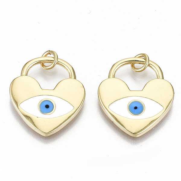 

PandaHall Brass Pendants, with Jump Rings and Colorful Enamel, Nickel Free, Heart Lock with Evil Eye, Real 16K Gold Plated, 20x18x2mm, Jump...