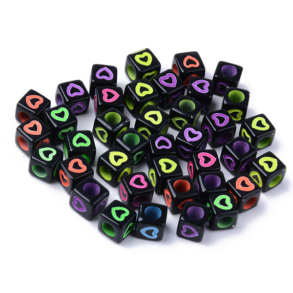 

PandaHall Opaque Black Acrylic European Beads, Large Hole Beads, Cube with Heart, Mixed Color, 7x7x7mm, Hole: 4mm, about 1900~2000pcs/500g..., Multicolor