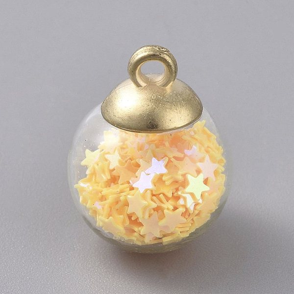 

PandaHall Glass Ball Pendants, with Star Glitter Sequins and Golden Plated CCB Plastic Cup Peg Bails, Round, Yellow, 20.5x15mm, Hole: 2.5mm...