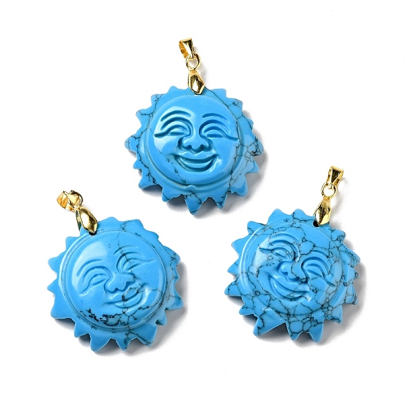 

PandaHall Synthetic Turquoise Pendants, with Golden Tone Brass Findings, Lead Free & Cadmium Free, Sun with Smiling Face, 36x29~29.5x9.5mm...
