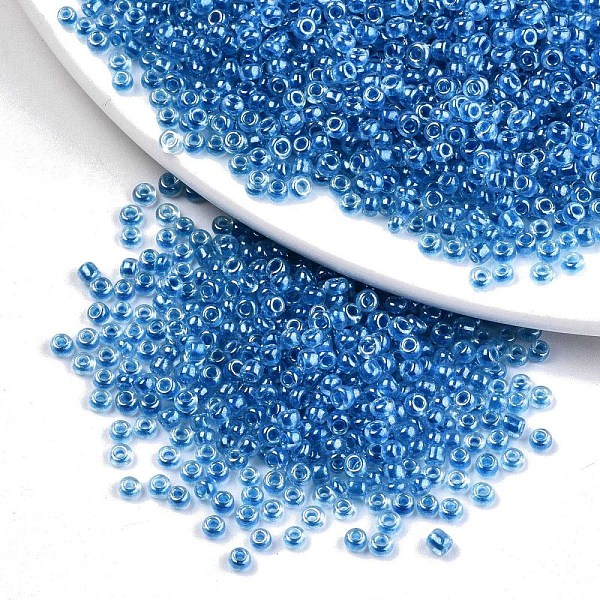 

PandaHall 8/0 Glass Seed Beads, Transparent Inside Colours Luster, Round Hole, Round, Dodger Blue, 8/0, 3~4x2~3mm, Hole: 0.8mm, about...