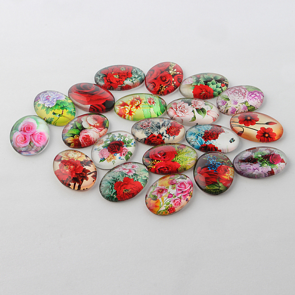

PandaHall Multi-Color Flower Theme Ornaments Glass Oval Flatback Cabochons, Mixed Color, 18x13x4mm Glass Oval Multicolor