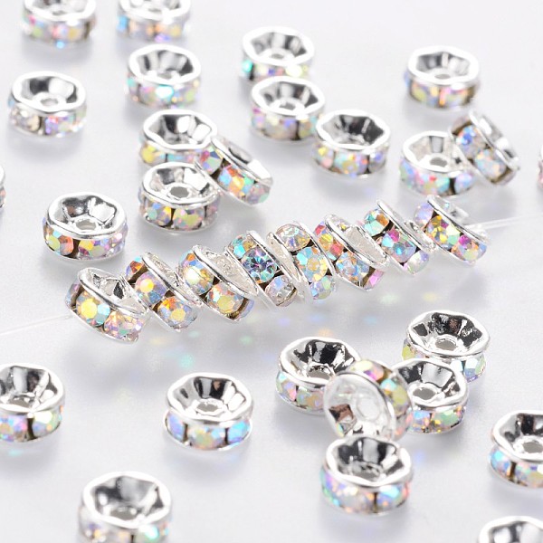 

PandaHall Rhinestone Spacer Beads, Copper, Grade A, AB Color, Silver Color Plated, Clear AB, 6mm Brass+Rhinestone Rondelle White