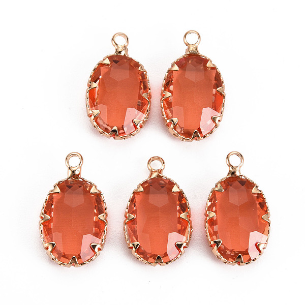 

PandaHall Transparent Glass Pendants, with Brass Prong Settings, Faceted, Oval, Light Gold, Tomato, 19x11x5.5mm, Hole: 1.6mm Brass+Glass..., Red