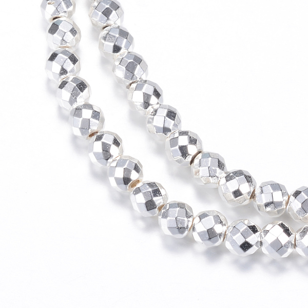 

PandaHall Electroplate Non-magnetic Synthetic Hematite Bead Strands, Round, Faceted, Silver Plated, 2mm, Hole: 1mm, about 200pcs/strand...