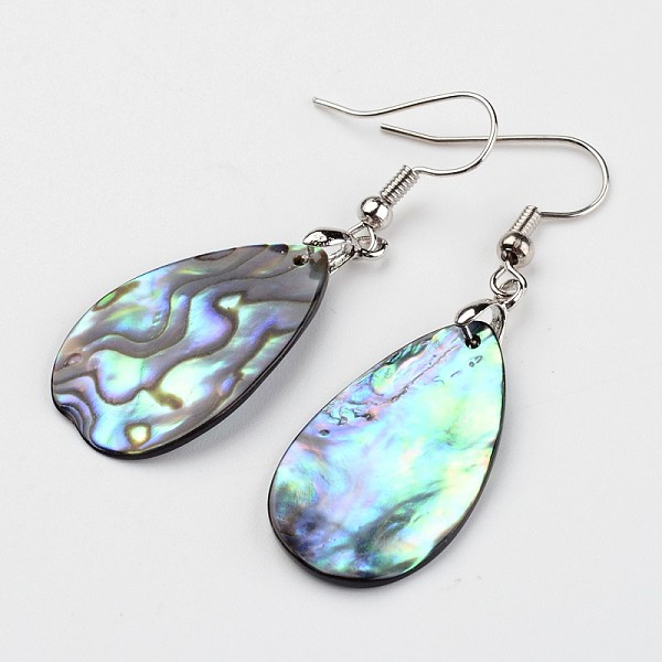 

PandaHall Teardrop Platinum Tone Brass Natural Paua Shell Dangle Earrings, 50mm, Pin: 0.8mm Shell