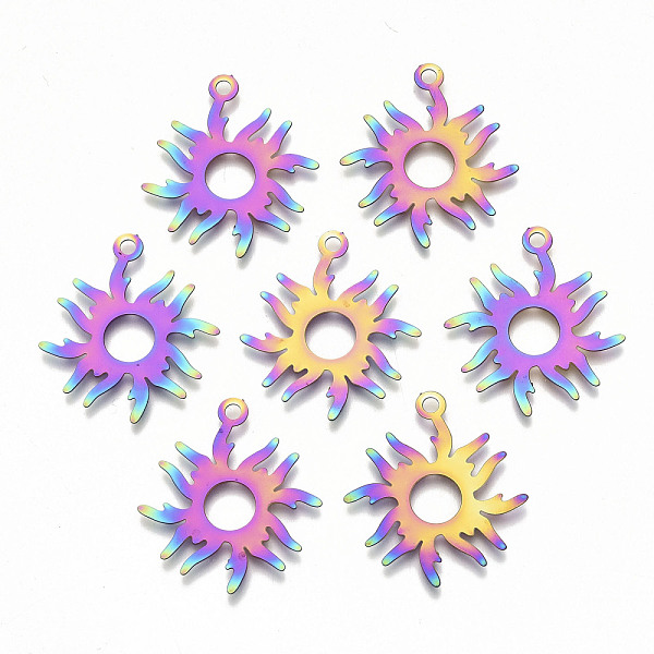 

PandaHall Ion Plating(IP) 201 Stainless Steel Solar Eclipse Pendants, Etched Metal Embellishments, Sun, Rainbow Color, 26x23.5x0.3mm, Hole...