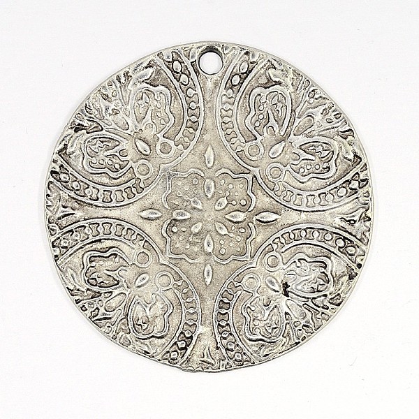 

PandaHall Antique Silver Alloy Flat Round Pendants, Lead Free, Size: about 40mm in diameter, 2mm thick, hole: 2mm. Alloy Flat Round