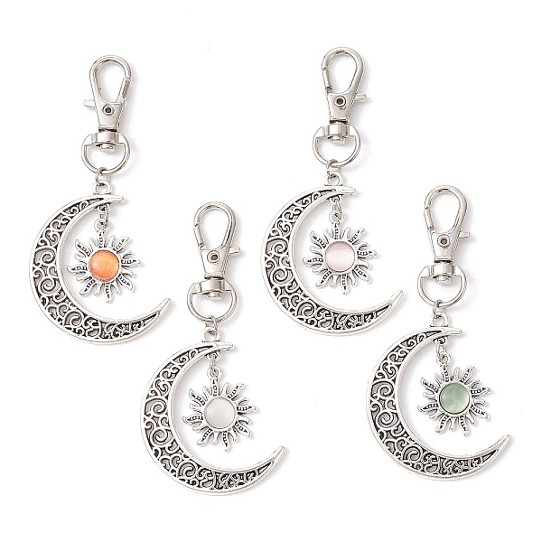 

PandaHall 4Pcs Moon & Sun Alloy Pendant Decorations, Cat Eye and Alloy Swivel Lobster Claw Clasps Charm, Antique Silver & Platinum, Mixed..., Multicolor
