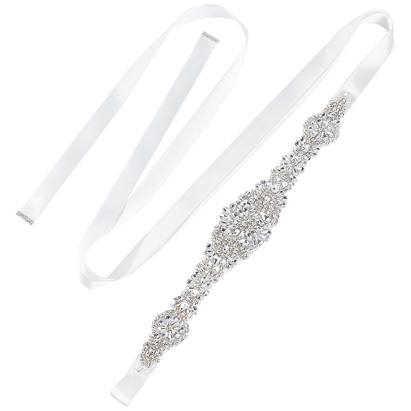 PandaHall Fingerinspire Crystal Rhinestones Wedding Dress Belt, Flower Bridal Belt, White, 108-5/8 inch(276cm) Ribbon White