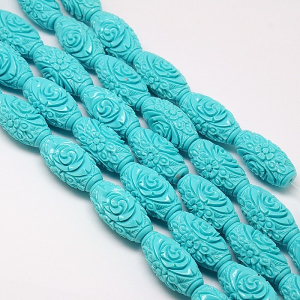 

PandaHall Synthetic Coral Beads Strands, Dyed, Oval Carved Flower Rose, Turquoise, 18x9~10mm, Hole: 1mm, about 22pcs/strand, 15.74 inch..., Green