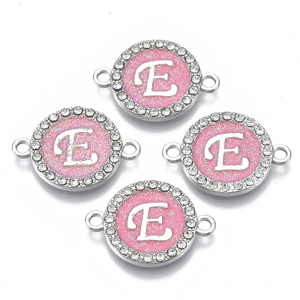 

PandaHall Alloy Enamel Links Connectors, with Crystal Rhinestones, Flat Round with Letter, Silver Color Plated, Letter.E, 22x16x2mm, Hole..., Pink