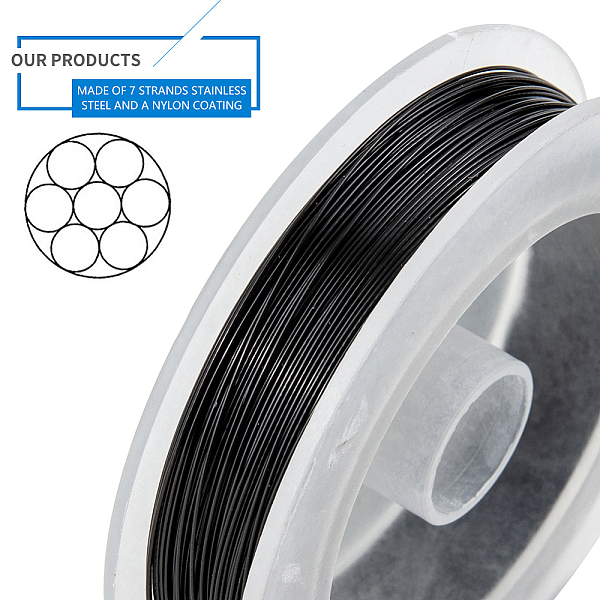 BENECREAT 165-Feet 0.017inch (0.45mm) 7-Strand Black Bead String Wire Nylon Coated Stainless Steel Wire For Necklace Bracelet Beading Craft...