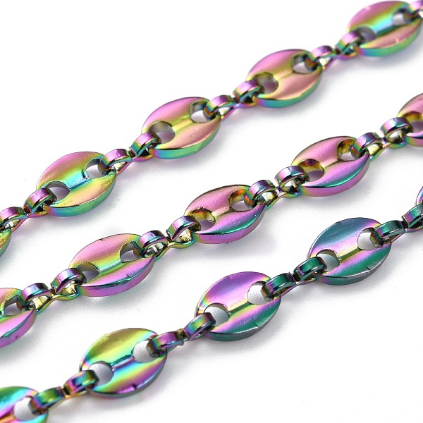 

PandaHall Ion Plating(IP) 304 Stainless Steel Coffee Bean Chain, Unwelded, with Spool, Rainbow Color, 7.5x5.5x1.5mm, 32.8 Feet(10m)/roll 304...
